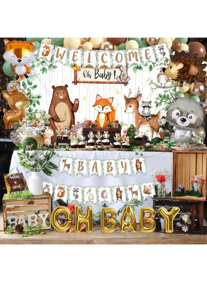 BORAMDO Woodland Animals Baby Shower Decoration Pack Forest Animal Neutral Gender Reveal Party Supplies Woodland Themed Birthday Party Ideas Set 106 Pcs Backdrop, Tablecloth, Cake Toppers, Balloons - Image 5