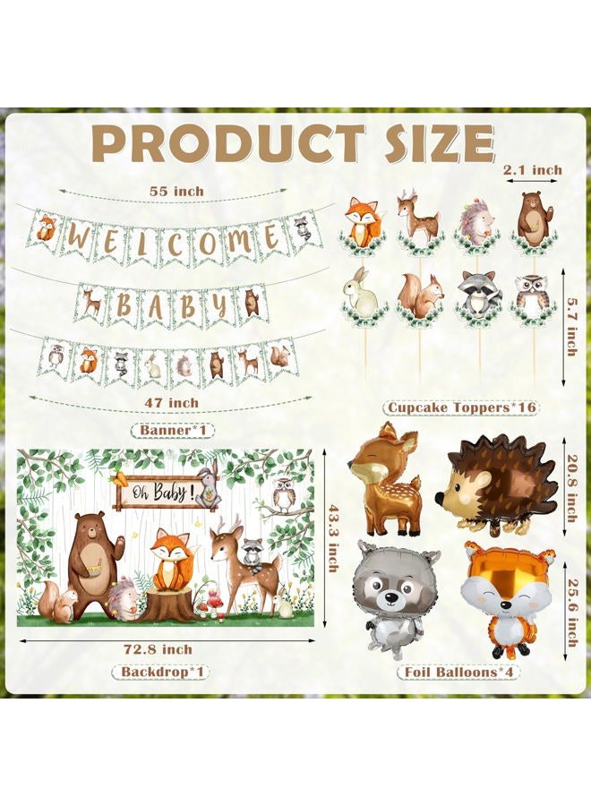 BORAMDO Woodland Animals Baby Shower Decoration Pack Forest Animal Neutral Gender Reveal Party Supplies Woodland Themed Birthday Party Ideas Set 106 Pcs Backdrop, Tablecloth, Cake Toppers, Balloons - Image 2