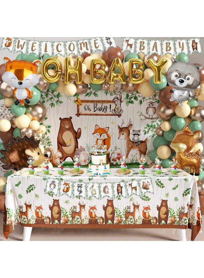 BORAMDO Woodland Animals Baby Shower Decoration Pack Forest Animal Neutral Gender Reveal Party Supplies Woodland Themed Birthday Party Ideas Set 106 Pcs Backdrop, Tablecloth, Cake Toppers, Balloons - Image 1