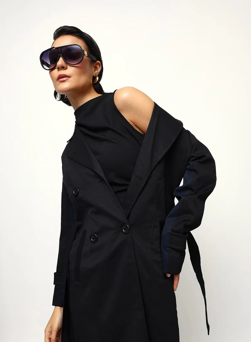 Women's Black 100% Polyester Solid Trench Coat Regular Fit Jacket