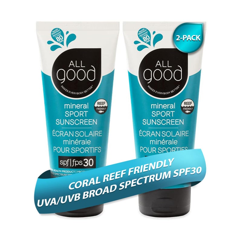 All Good Makes Everything Better واقي الشمس الجيد - لوشن واقي شمس معدني رياضي، صديق للشعاب المرجانية، SPF 30+ للوجه والجسم، مقاوم للماء والعرق، عبوة مزدوجة (3 أونصة)  - Image 1