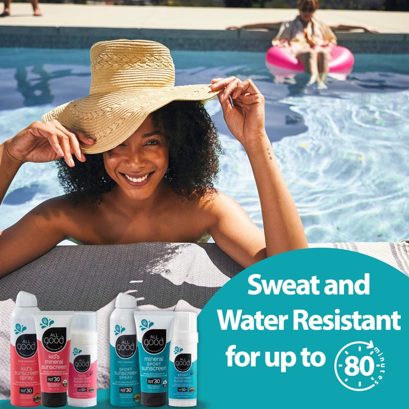 All Good Makes Everything Better واقي الشمس الجيد - لوشن واقي شمس معدني رياضي، صديق للشعاب المرجانية، SPF 30+ للوجه والجسم، مقاوم للماء والعرق، عبوة مزدوجة (3 أونصة)  - Image 4