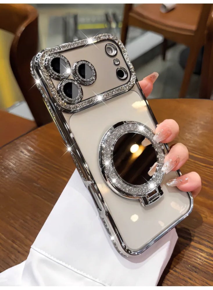 حقيبة هاتف واقية شفافة مغناطيسية مزينة بالكريستال مع مرآة، غطاء واقي لـ iPhone 17/17 Pro/17 Pro Max - Image 1