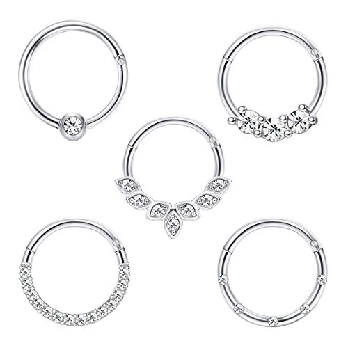 Drperfect 16G Septum Clicker Rings Stainless Steel Nose Rings Hoop for Women CZ Cartilage Helix Tragus Daith Earrings Nose Ring Hoop Hinged Segment Lip Piercing Jewelry 10MM Silver - Image 1