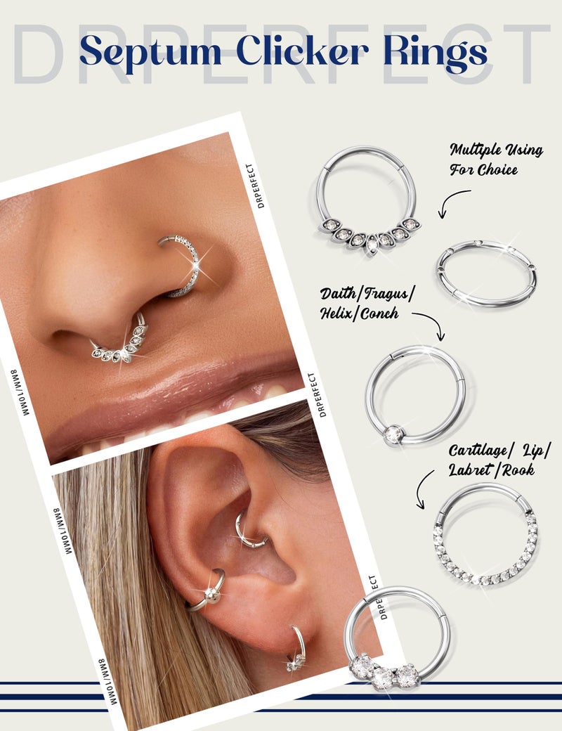 Drperfect 16G Septum Clicker Rings Stainless Steel Nose Rings Hoop for Women CZ Cartilage Helix Tragus Daith Earrings Nose Ring Hoop Hinged Segment Lip Piercing Jewelry 10MM Silver - Image 2