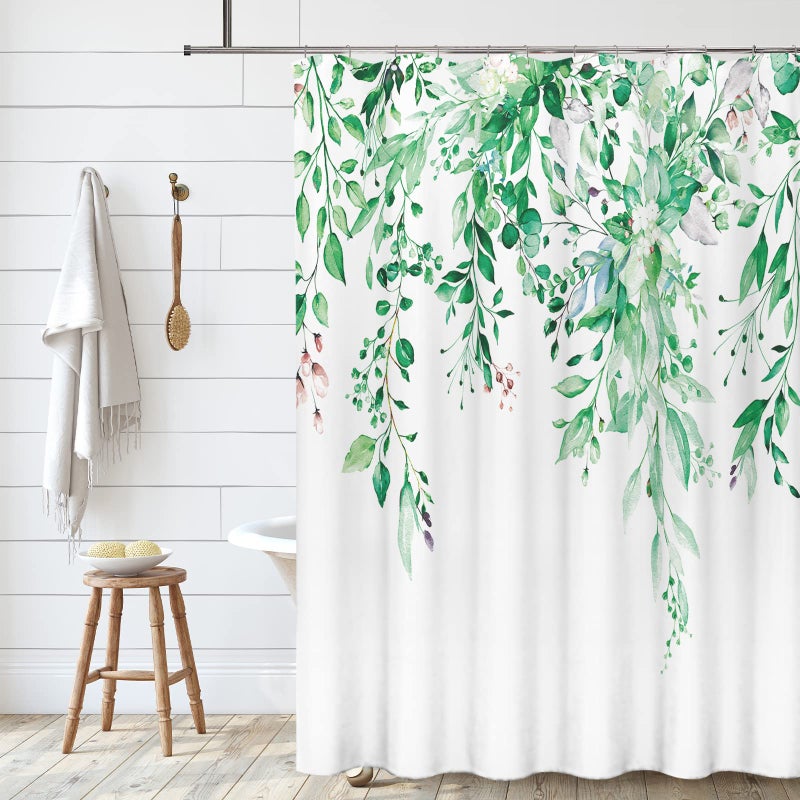 Tititex Emerald Green Eucalyptus Shower Curtain Sets  Watercolor Leaves on The Top Plant with Floral Bathroom Decoration 60x72 Inch with Hooks