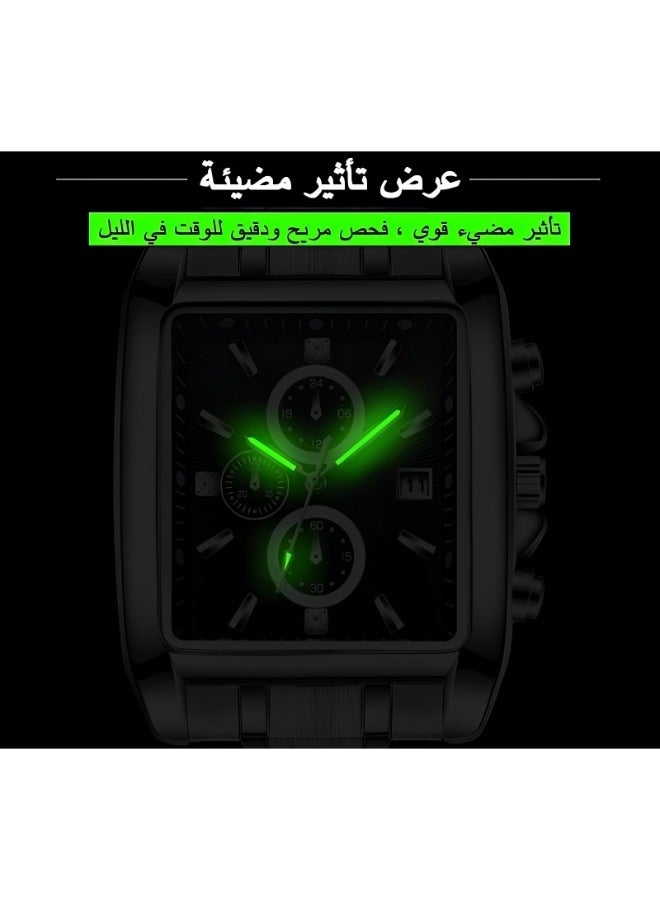 Men's Square Wrist Watch Luxury Fashion Analog Quartz Watch with Classic Big Dial & Luminous Hands & Everyday Water Resistance & Calendar Function & Stainless Steel Strap Business Chronograph Watch