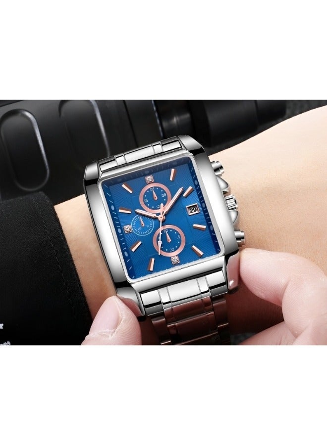 Men's Square Wrist Watch Luxury Fashion Analog Quartz Watch with Classic Big Dial & Luminous Hands & Everyday Water Resistance & Calendar Function & Stainless Steel Strap Business Chronograph Watch