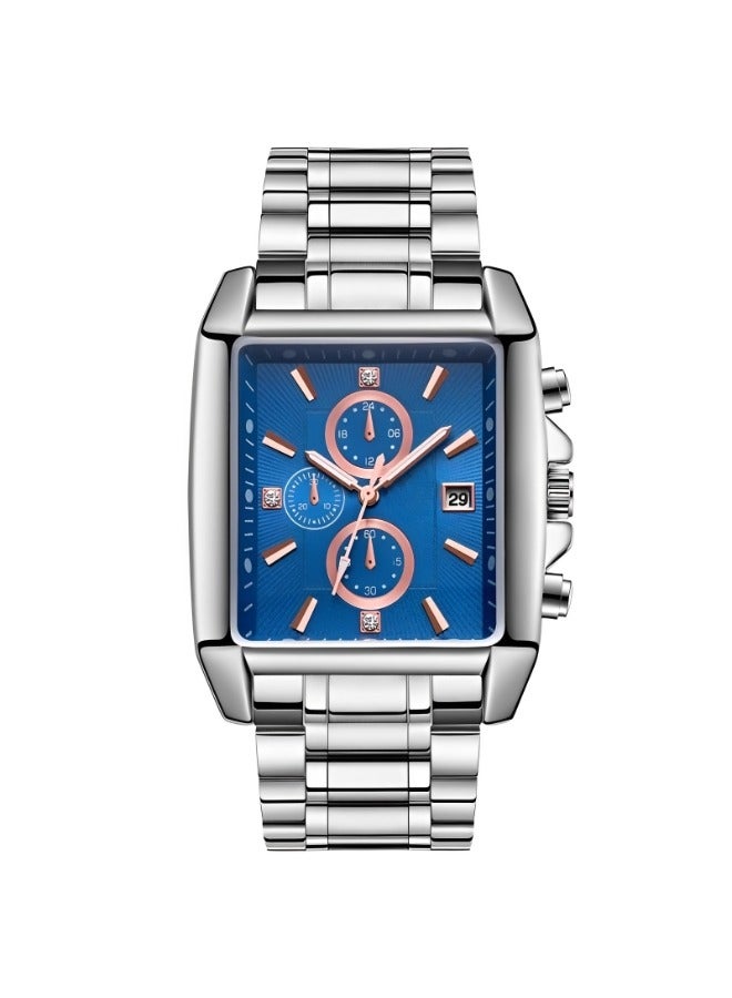 Men's Square Wrist Watch Luxury Fashion Analog Quartz Watch with Classic Big Dial & Luminous Hands & Everyday Water Resistance & Calendar Function & Stainless Steel Strap Business Chronograph Watch
