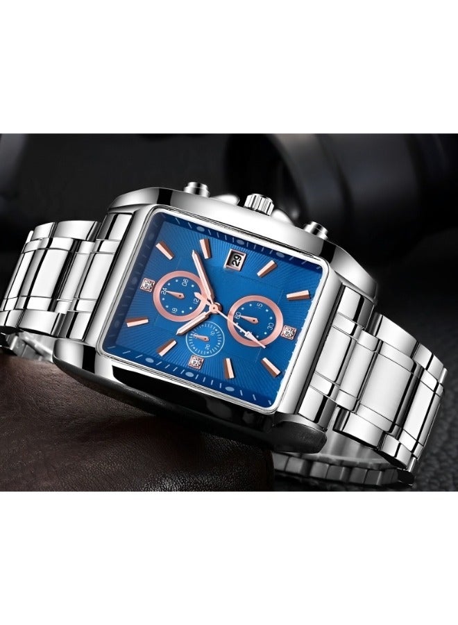Men's Square Wrist Watch Luxury Fashion Analog Quartz Watch with Classic Big Dial & Luminous Hands & Everyday Water Resistance & Calendar Function & Stainless Steel Strap Business Chronograph Watch