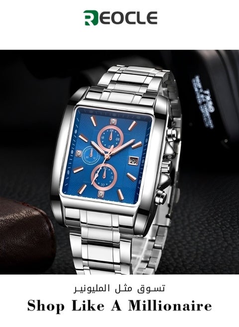 Men's Square Wrist Watch Luxury Fashion Analog Quartz Watch with Classic Big Dial & Luminous Hands & Everyday Water Resistance & Calendar Function & Stainless Steel Strap Business Chronograph Watch
