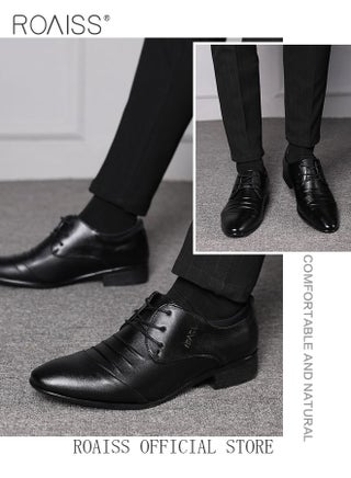 Business Formal Leather Shoes for Men Lightweight and Non Slip Pointed Patent Leather Shoes for Office Wedding Business Trip Casual Soft and Breathable Men's Lace up Leather Shoes for Bridegroom Black