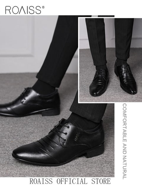 Business Formal Leather Shoes for Men Lightweight and Non Slip Pointed Patent Leather Shoes for Office Wedding Business Trip Casual Soft and Breathable Men's Lace up Leather Shoes for Bridegroom Black