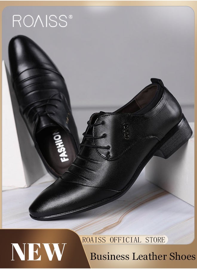 roaiss - Business Formal Leather Shoes for Men Lightweight and Non Slip Pointed Patent Leather Shoes for Office Wedding Business Trip Casual Soft and Breathable Men's Lace up Leather Shoes for Bridegroom - Image 1