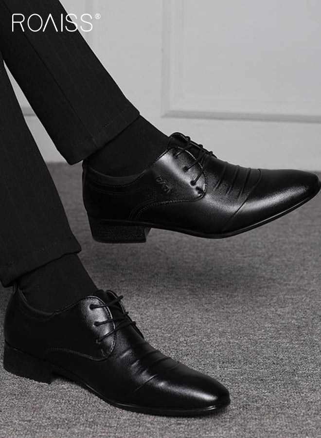 Business Formal Leather Shoes for Men Lightweight and Non Slip Pointed Patent Leather Shoes for Office Wedding Business Trip Casual Soft and Breathable Men's Lace up Leather Shoes for Bridegroom Black