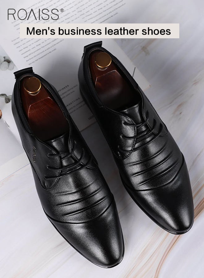 roaiss Business Formal Leather Shoes for Men Lightweight and Non Slip Pointed Patent Leather Shoes for Office Wedding Business Trip Casual Soft and Breathable Men's Lace up Leather Shoes for Bridegroom Black - Image 3
