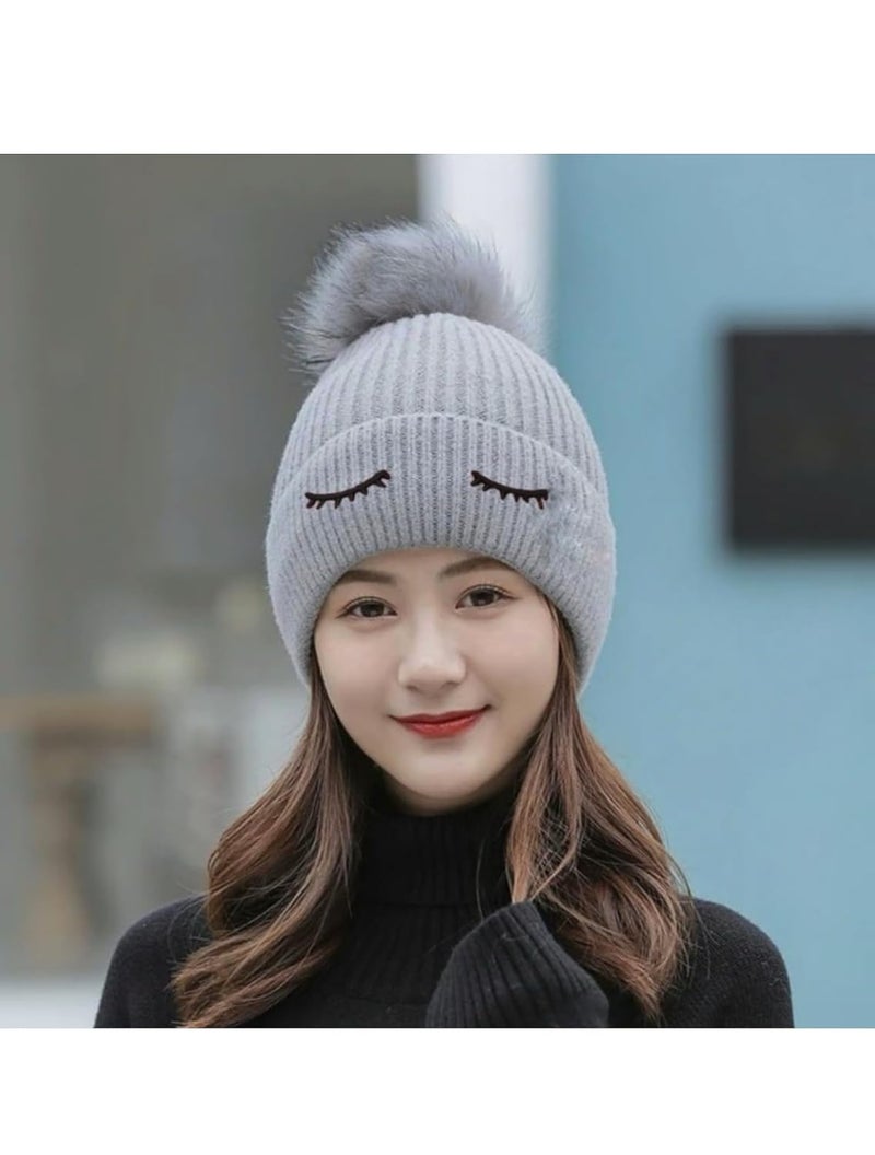 Richmen Women's Knitted Hat Winter Plush Velvet Warm Woolen Cap Soft Snow Proof Stylish Slouchy Beanie Pom Pom Cap for Outdoor Girls & Ladies - Image 3