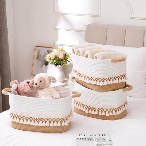 Degeyoyo 2 Pack Storage Basket for Shelves Boho Cotton Rope Storage Bins with Heavy Tassel Shelf Baskets Large Woven Baskets for Organizing Cube Organizer Bins Baby Laundry Basket for Clothes Toys Pets - Image 3