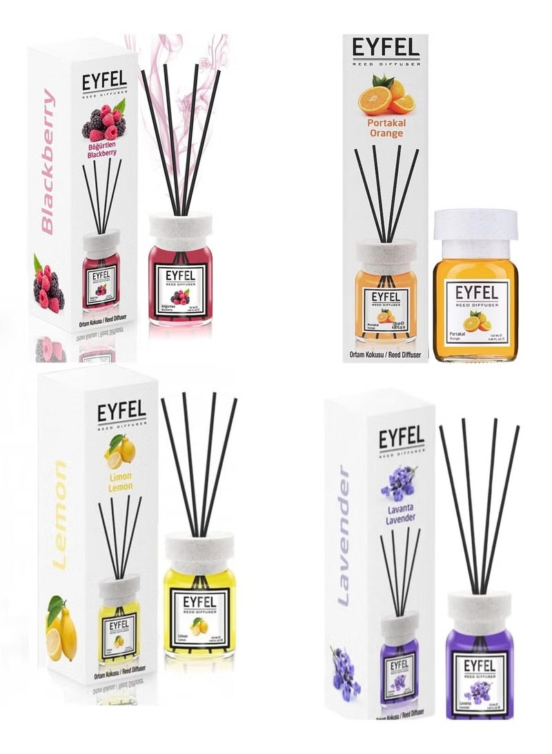 آيفيل مجموعة EYFEL Reed Diffuser Combo Pack - مجموعة من 4 قطع (4 × 120 مل) - عطور البرتقال والتوت الأسود والليمون والخزامى للمنزل والمكتب - Image 1