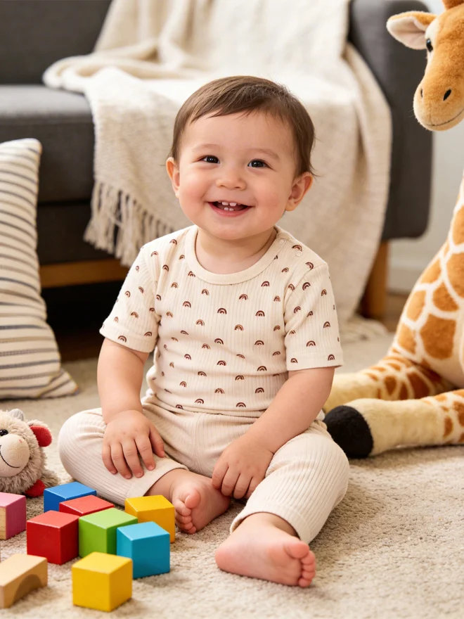 بابيز_بيسك Babies Basic Premium Ribbed Cotton Short Sleeves T-Shirt and Plain Pyjama Set