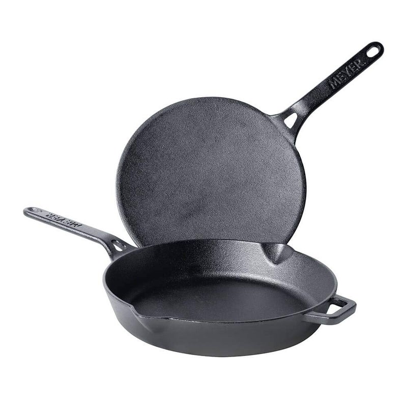 MEYER Meyer Pre-Seasoned Cast Iron 2 Piece Cookware Set - 26cm Frying pan + 26cm Roti Tawa | Iron Utensils for Cooking | Cast Iron Combo | Cookware Set Combo Offer for Kitchen, Black  - Image 1
