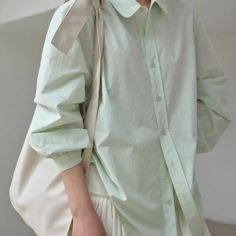 1313 Spring Fresh 1-Air Green Apple Green Hollow Lace-Up Womens Minimalist Long-Sleeved Sunscreen Shirt Loose Shirt Light green
