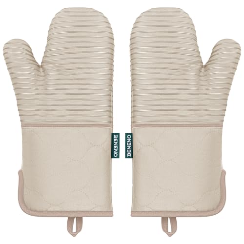 Beneno Kitchen Oven Mitts 2Pack Heat Resistant to 500F with NonSlip Silicone Grip Extra Long 143 Forearm Protection Soft Quilted Cotton Terry Lining Ideal for Cooking Baking Grilling Beige - Image 1