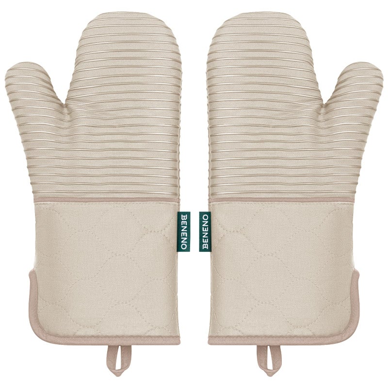 Beneno Kitchen Oven Mitts 2Pack Heat Resistant to 500F with NonSlip Silicone Grip Extra Long 143 Forearm Protection Soft Quilted Cotton Terry Lining Ideal for Cooking Baking Grilling Beige - Image 2