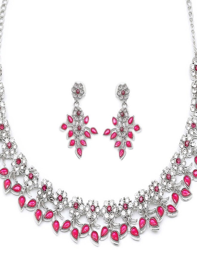 KENNICE Rhodium-Plated Cubic Zirconia Studded Leafy Shaped Necklace With Earrings Jewellery Set For Girls and Women - Image 3