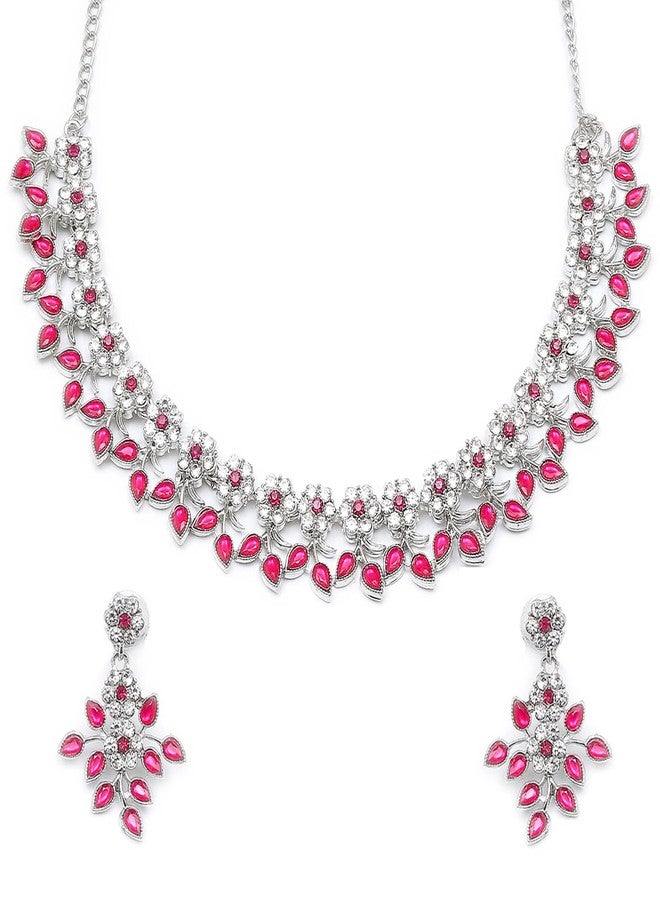 KENNICE Rhodium-Plated Cubic Zirconia Studded Leafy Shaped Necklace With Earrings Jewellery Set For Girls and Women - Image 1