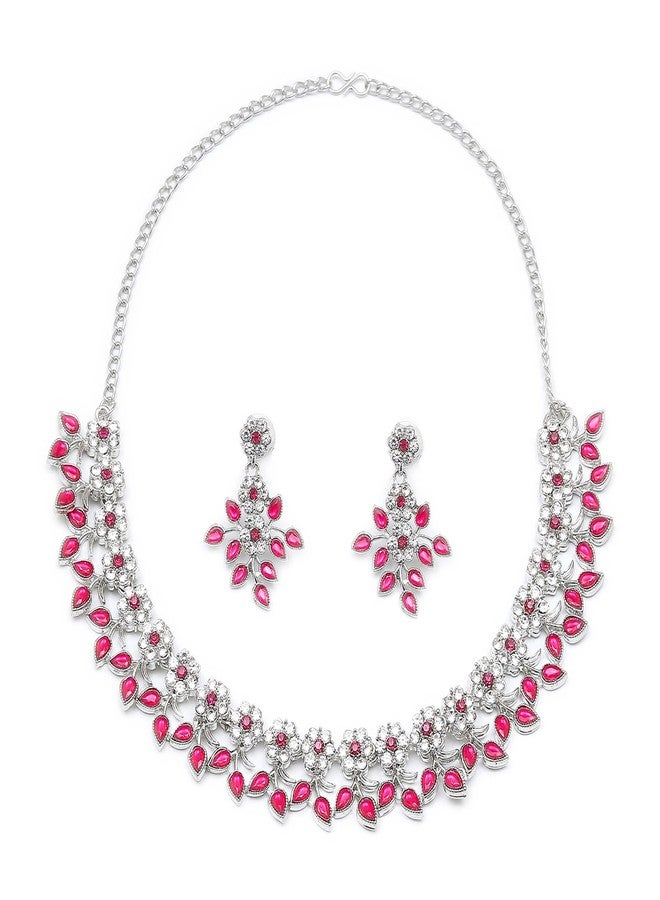 KENNICE Rhodium-Plated Cubic Zirconia Studded Leafy Shaped Necklace With Earrings Jewellery Set For Girls and Women - Image 2