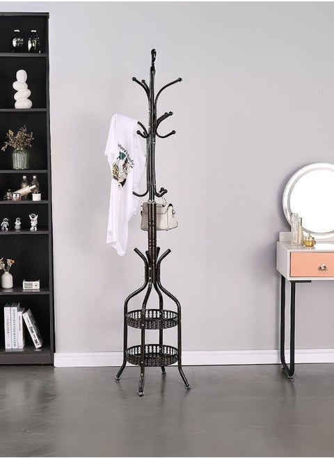 Clothes hanger with 2 shelves and several hooks for storage, black