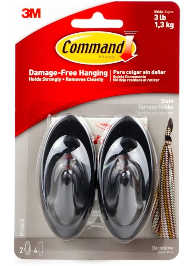 Command Command Slate Terrace Medium Hooks Black color, 2 hooks and 4 strips/pack | Holds 1.3 kg each hook | Organize | Decoration | No Tools | Holds Strongly | Damage-Free Hanging  - Image 1