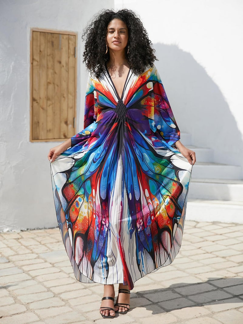 IMAGEKOPE Batwing Sleeve Kaftan Dress for Women Plus Size - Flowy Lightweight Long Maxi Beach Cover Up,Summer Loungewear - Image 2