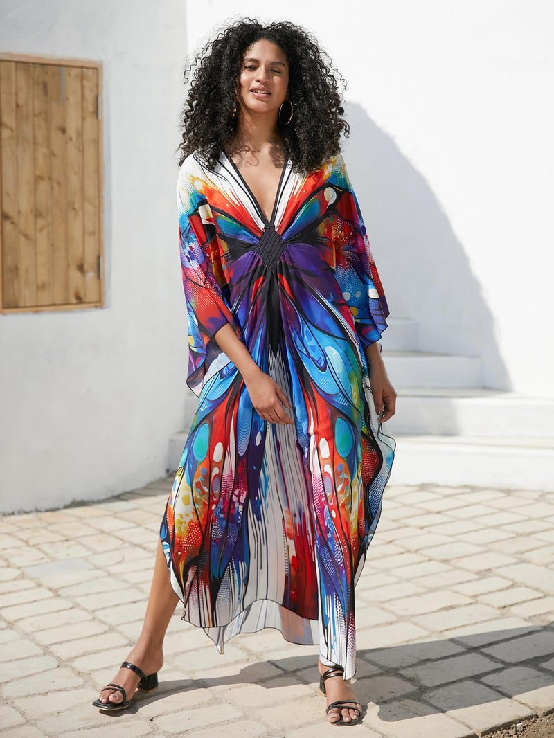 IMAGEKOPE Batwing Sleeve Kaftan Dress for Women Plus Size - Flowy Lightweight Long Maxi Beach Cover Up,Summer Loungewear - Image 4