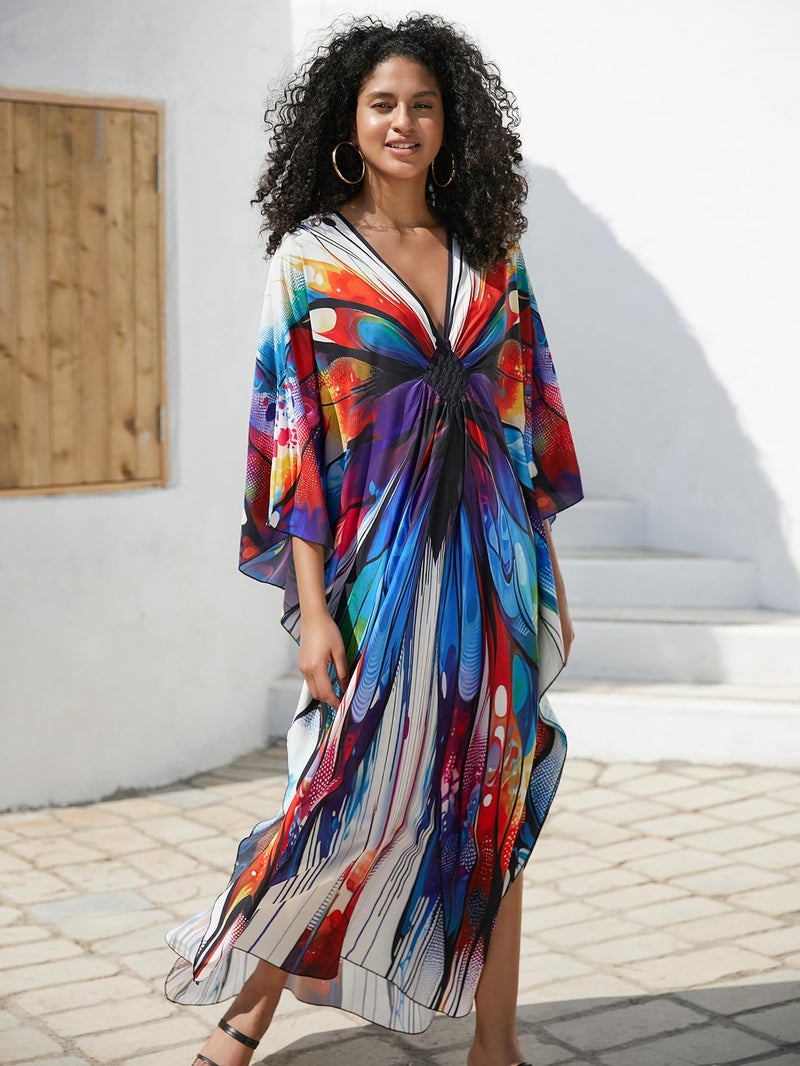 IMAGEKOPE Batwing Sleeve Kaftan Dress for Women Plus Size - Flowy Lightweight Long Maxi Beach Cover Up,Summer Loungewear - Image 3