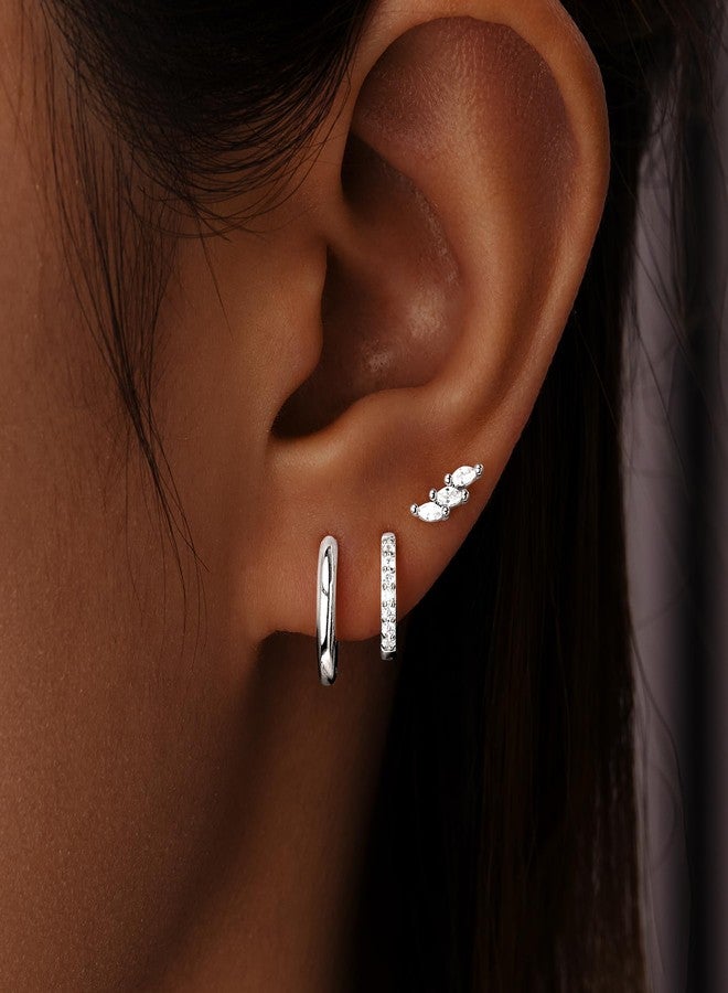 Inerney 925 Sterling Silver Hoop Earrings Set for Women, Dainty Small Stud Huggie Earrings for Multiple Piercing Lightweight Hypoallergenic Jewelry, Trendy Climbing Cubic Zircon Cartilage Earrings for - Image 2