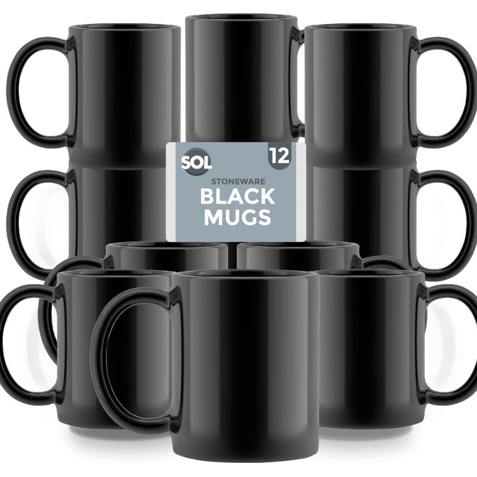 12PK STONEWARE BLACK MUGS 11OZ LEAD CADMIUM FREE TEA AND COFFEE CUP SET CLASSIC CERAMIC DRINKWARE FOR HOME CAF OR RESTAURANT USE STACKABLE DESIGN SUITABLE FOR HOT BEVERAGES
