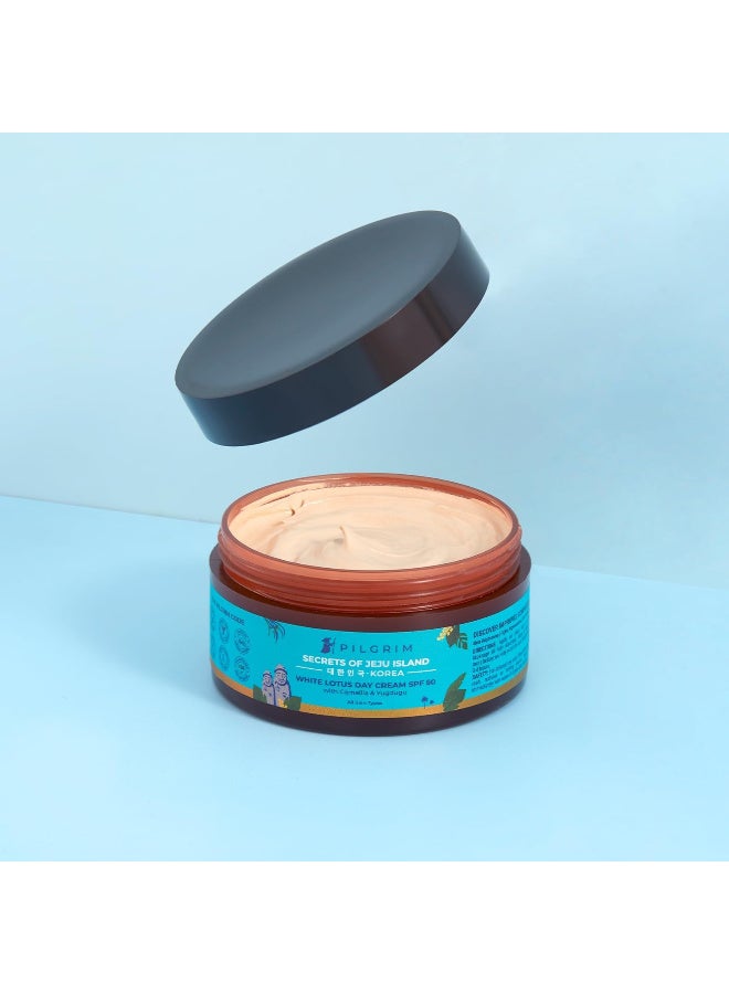 PILGRIM PILGRIM Korean White Lotus Face Cream with SPF 50 | White Lotus Day cream for women daily use | Face cream for dry skin, sensitive skin & oily skin | Korean Skin Care | 100g  - Image 1