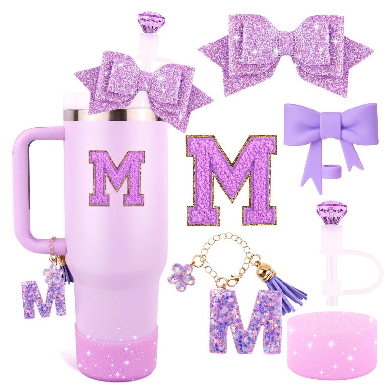 Purple Cup Accessories Set for Stanley 30OZ 40OZ Tumbler with Handle Letter Charms Bow Diamond Straw Covers Glitter Silicone Boot Personalized Sticker for Stanley Cup Accessories M