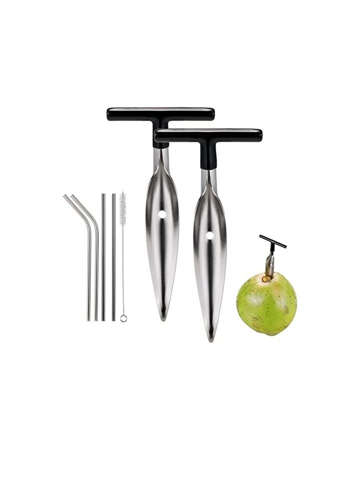 Excefore 2 PCS Coconut Opener Tool Set with 4 Reusable Straws & Brush, Food Grade Stainless Steel Coco Nut Bottle Opener for Young Thai Green Fresh Coconut Water, Safe and Easy Convenient Coco Drill Punch  - Image 1