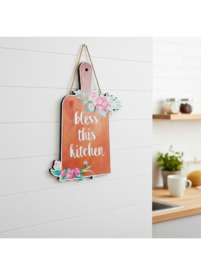 كوستر ديكور فلوري  للحائط، بجملة Bless This Kitchen مقاس 30×20سم طباعه برتقالي لامعة مقاومة للتقشير والأتربة، تثبيت بلا مسامير باستخدام دبل فيس، اختيار مثالي لزينة المطبخ - Image 1