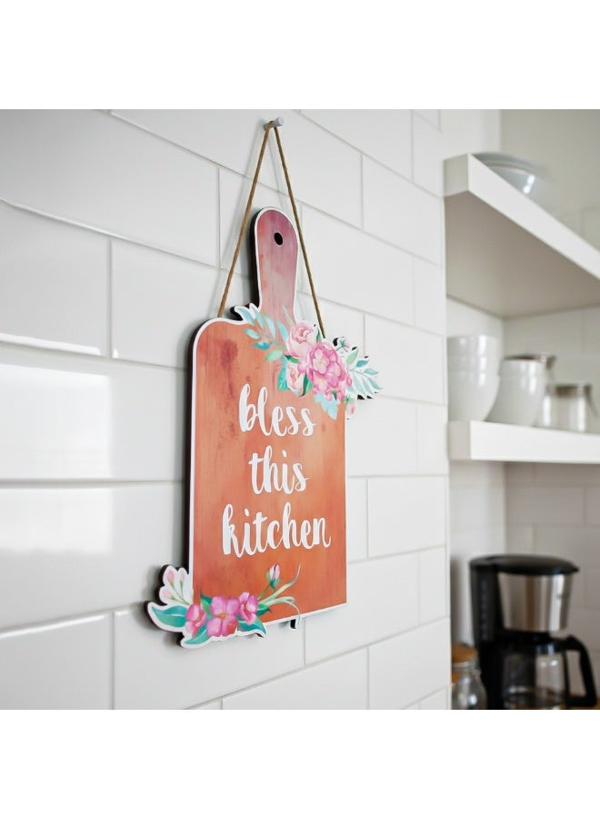 كوستر ديكور فلوري  للحائط، بجملة Bless This Kitchen مقاس 30×20سم طباعه برتقالي لامعة مقاومة للتقشير والأتربة، تثبيت بلا مسامير باستخدام دبل فيس، اختيار مثالي لزينة المطبخ - Image 3