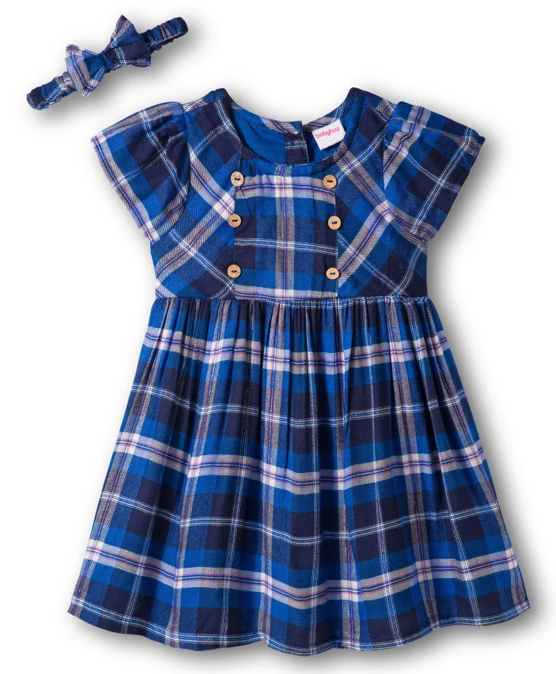 babyhug Babyhug Cotton Woven Half Sleeves Checkered Dress with Headband - Navy Blue