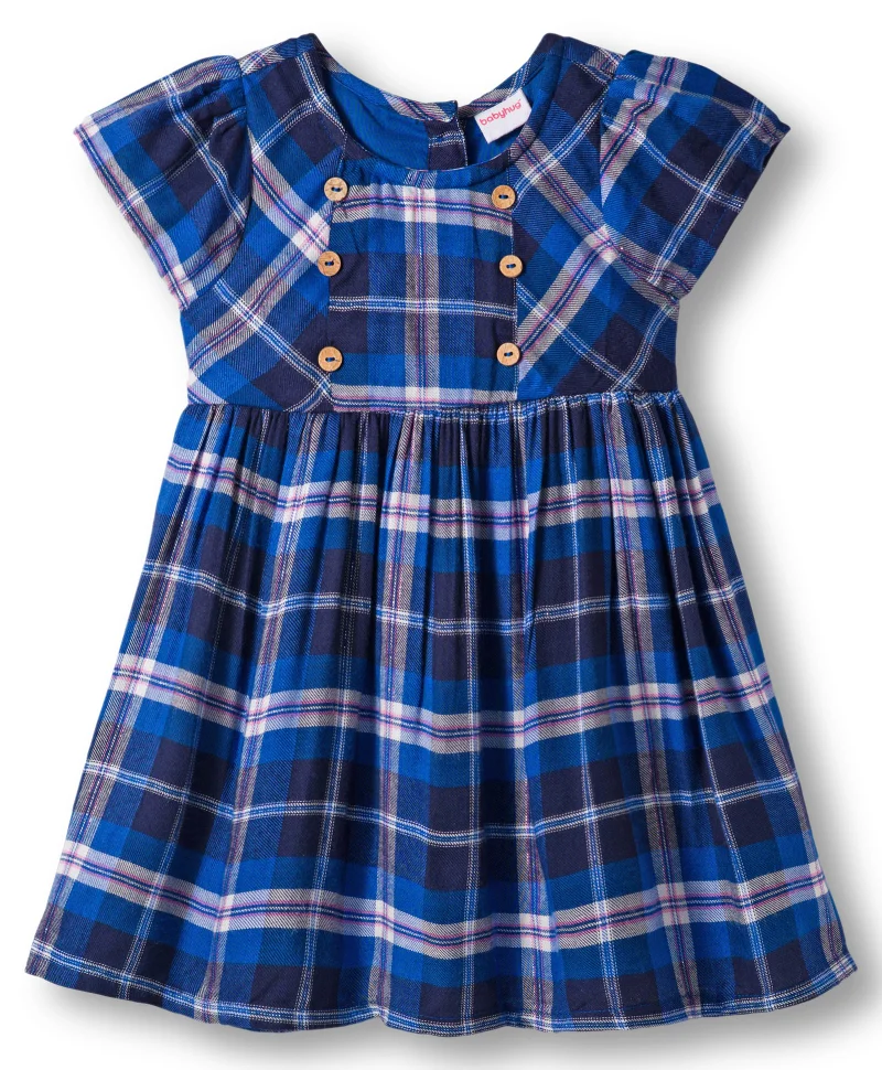 babyhug Babyhug Cotton Woven Half Sleeves Checkered Dress with Headband - Navy Blue