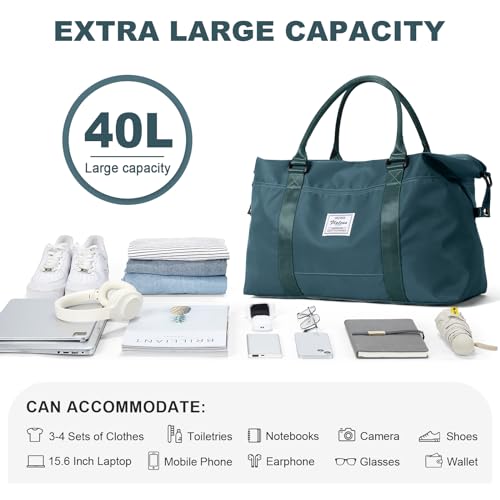 HYC00 Travel Duffel Bag,Weekender Overnight Bag for Women,Carry-on Bag with Wet Pocket,Gym Bag,Extra Large,Peacock Blue - Image 2
