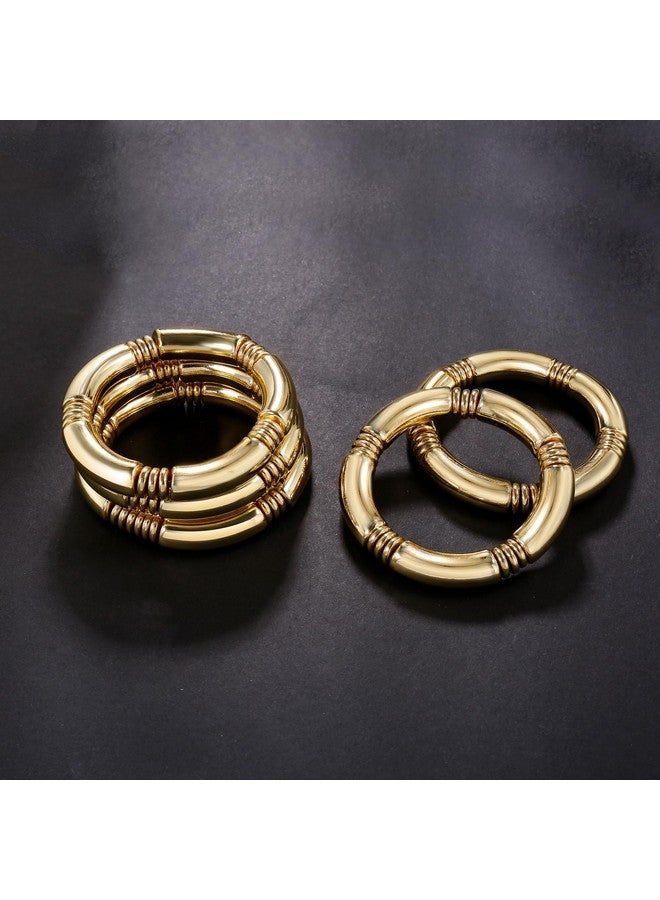 Badu 5pcs Gold Chunky Bangles Bracelets For Women 14k Gold Plated Stack Layered Curved Bamboo Tube Stretch Bracelets Gift Jewelry - Image 4