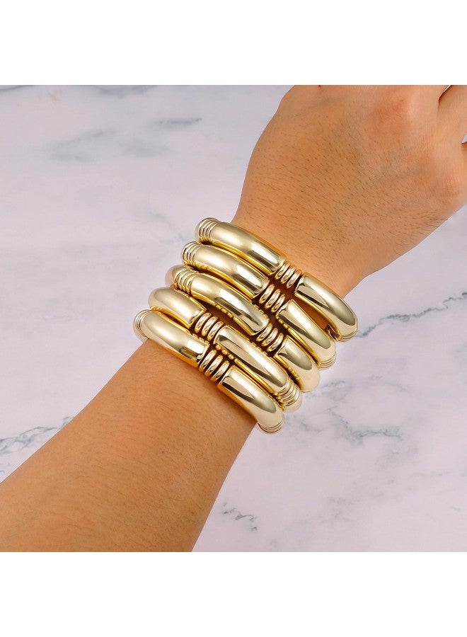 Badu 5pcs Gold Chunky Bangles Bracelets For Women 14k Gold Plated Stack Layered Curved Bamboo Tube Stretch Bracelets Gift Jewelry - Image 3