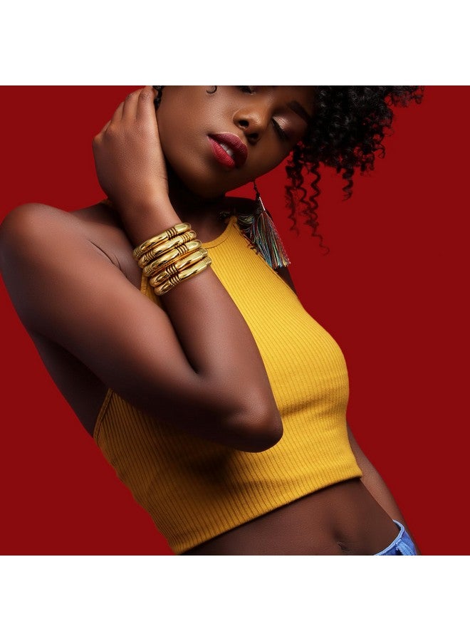 Badu 5pcs Gold Chunky Bangles Bracelets For Women 14k Gold Plated Stack Layered Curved Bamboo Tube Stretch Bracelets Gift Jewelry - Image 2