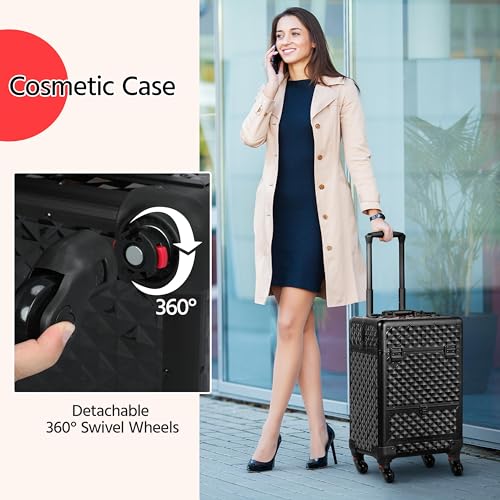Yaheetech Rolling Makeup Train Case Aluminum Cosmetic Case with Wheels Barber Case Salon Lockable Travel Trolley with Sliding Drawers Removable Divider, Black/Red - Image 3